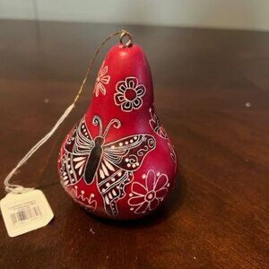 Handmade Lucuma Gourd Ornament With Butterfly Design & Floral Accents